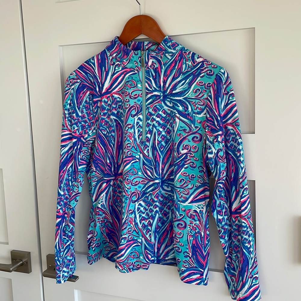 Lulu B quarter zip size small, pink aqua blue & white